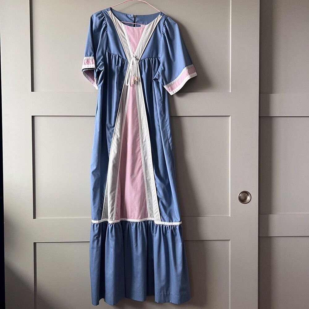 Vintage Liberty House Dress Muu Muu Maxi Small Blue Pink Maxi Prairie Hawaii 70s